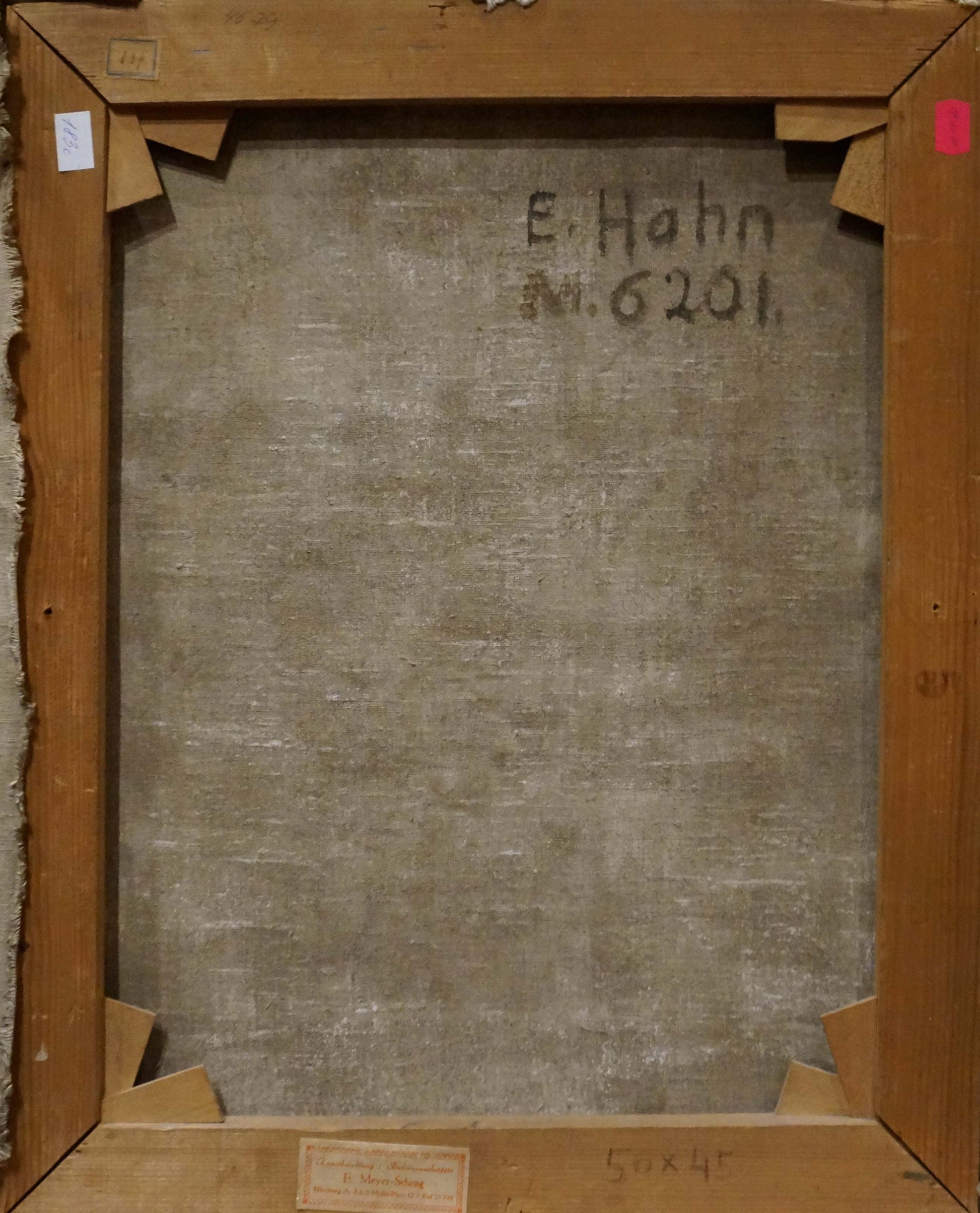 Back of Oil painting Still life E. Hahn with textured gray canvas and e signature