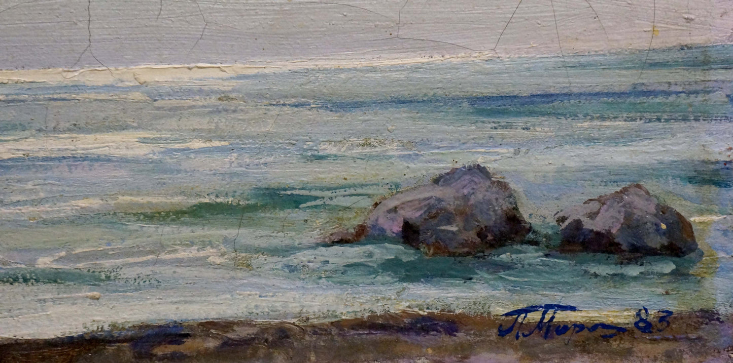 Oil painting Noon at sea by Miroshnichenko Pavel Petrovich: dark rocks in turquoise waves