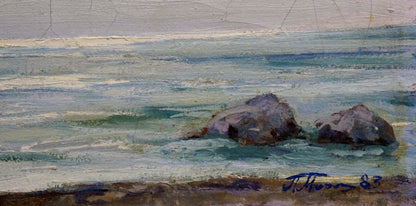 Oil painting Noon at sea by Miroshnichenko Pavel Petrovich: dark rocks in turquoise waves