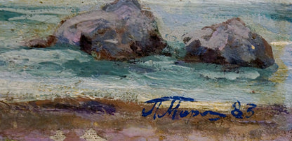 Oil painting Noon at sea by Miroshnichenko Pavel Petrovich: gray rocks in turquoise waves on shore