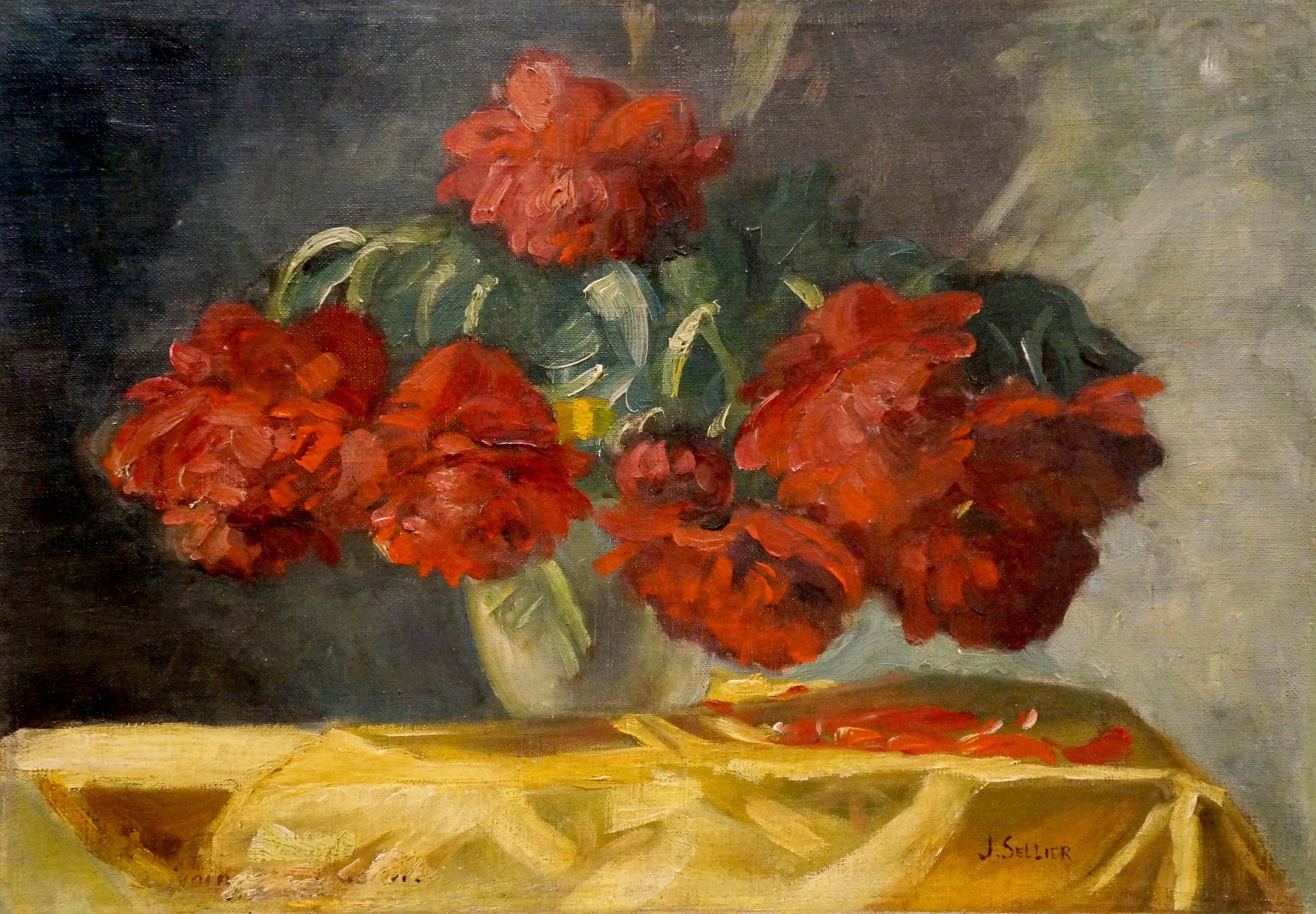 Oil painting of red peonies by J. Sellier in white vase
