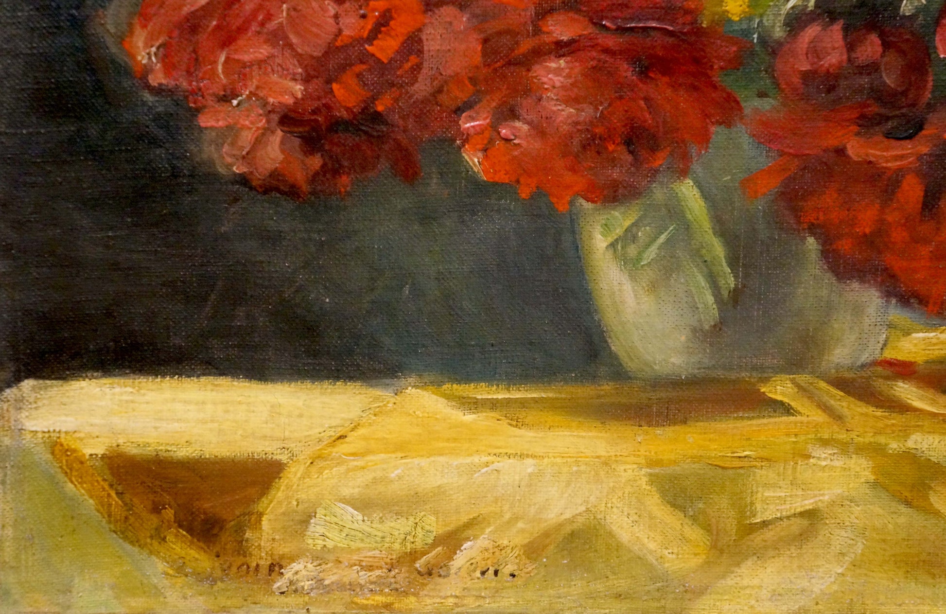 Oil painting of vibrant red flowers in vase by J. Sellier