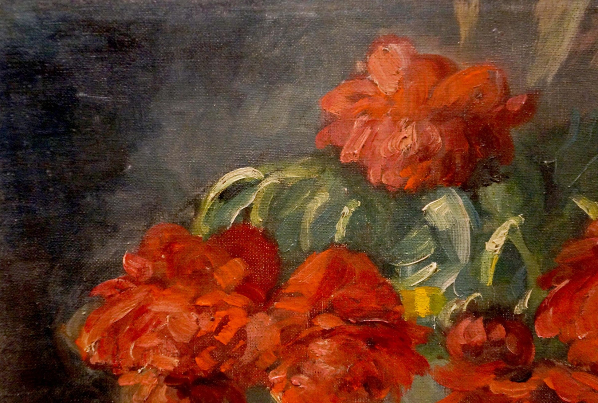 Oil painting Red flowers J. Sellier: vibrant red-orange blossoms and green leaves