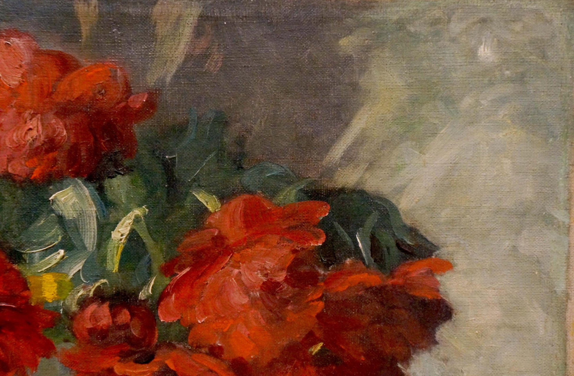Vibrant red peonies oil painting by J. Sellier with lush green leaves