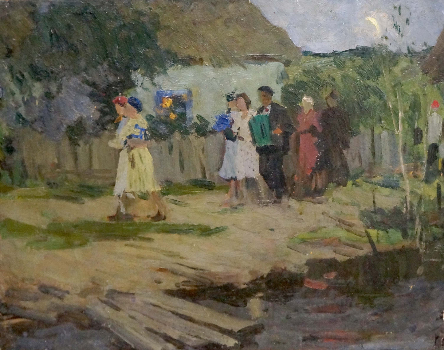 Impressionistic oil painting by Plamenitsky Anatoly Alexandrovich of rustic village wedding scene