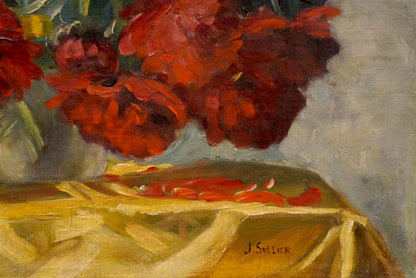 Oil painting Red flowers J. Sellier: vibrant red peonies in gray vase