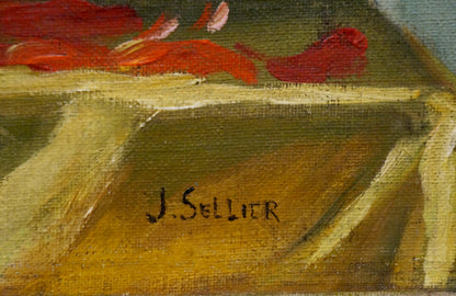 Oil painting Red flowers by J. Sellier: red brushstrokes on golden canvas