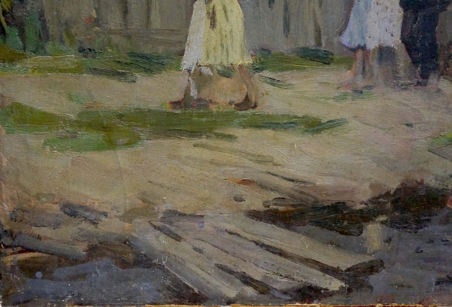 Oil painting by Plamenitsky Anatoly Alexandrovich: woman in yellow dress on earthy ground