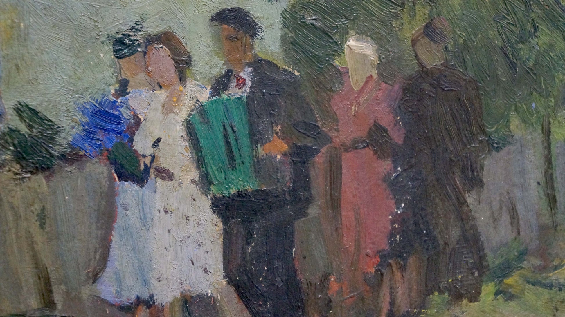 Vibrant green accordion held by man in dark suit, Plamenitsky oil painting
