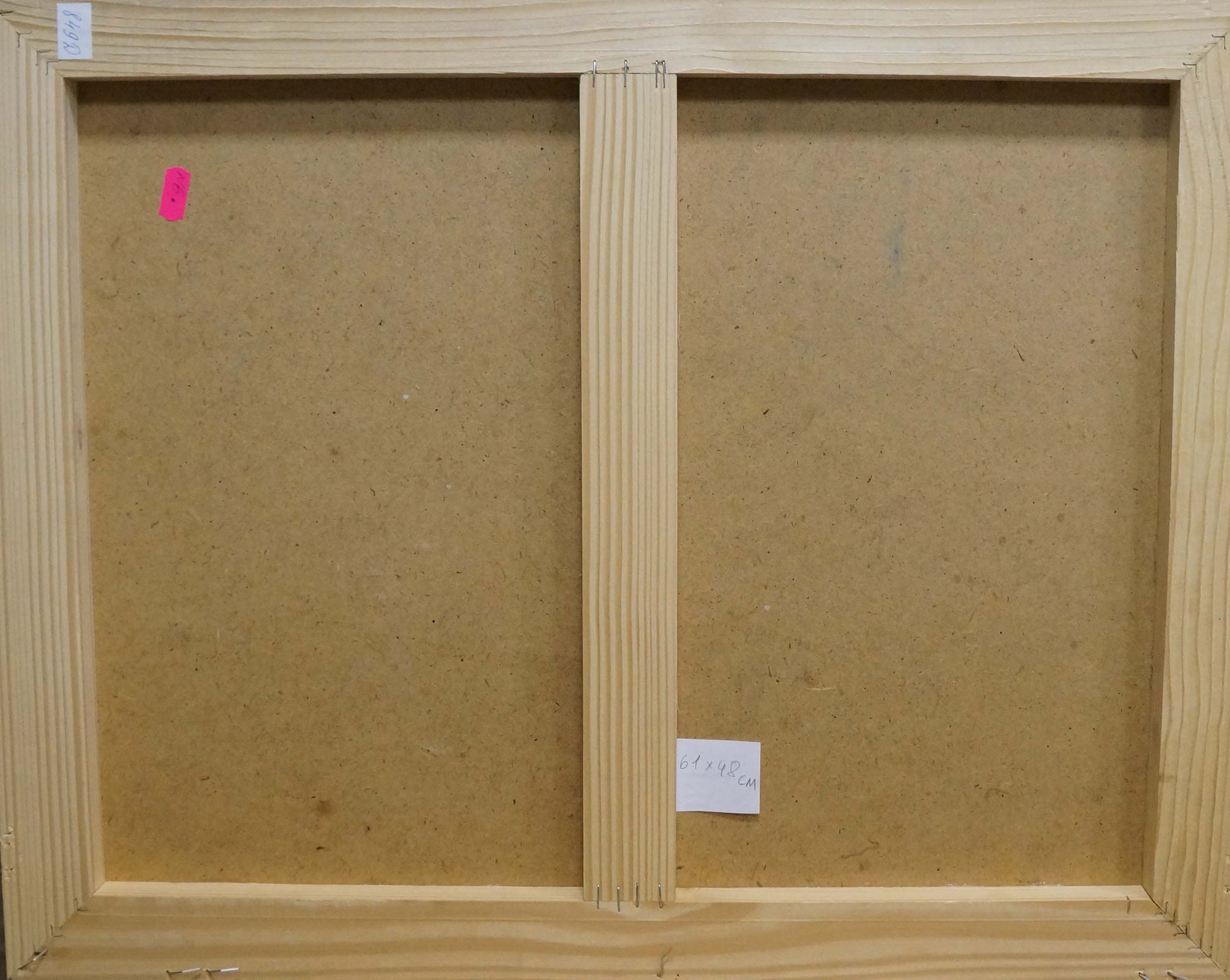 Back of light wooden frame for Oil painting Wedding by Plamenitsky with labels