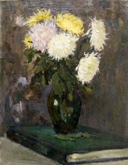 Oil painting of Volobuev Evgeny Vsevolodovich flowers in dark green vase