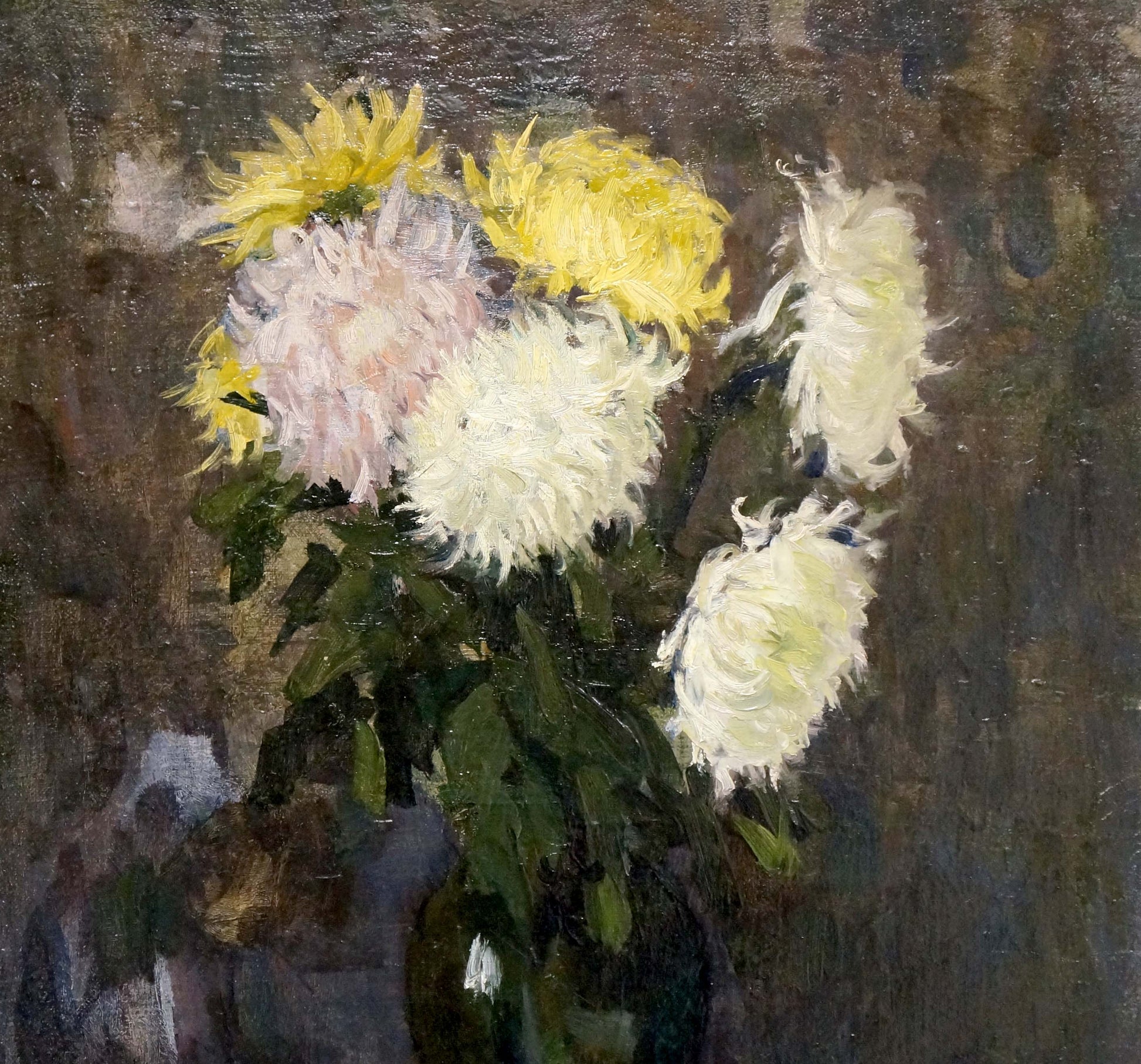 Oil painting of vibrant chrysanthemums in vase by Volobuev Evgeny Vsevolodovich
