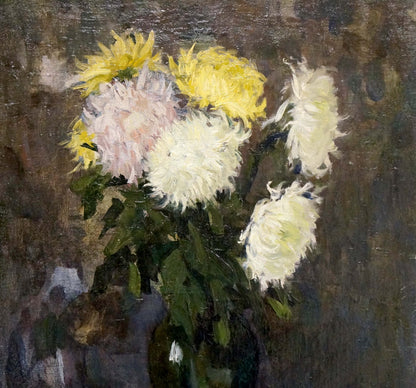 Oil painting of vibrant chrysanthemums in vase by Volobuev Evgeny Vsevolodovich