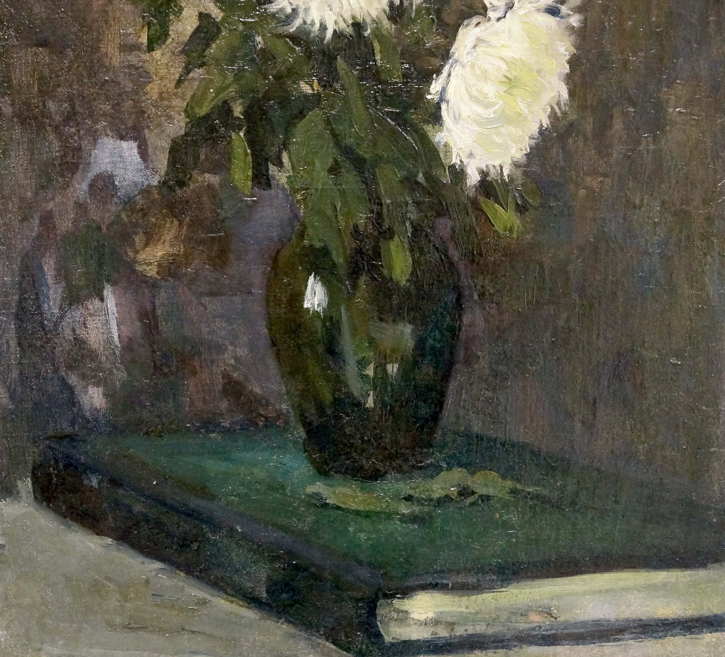 Oil painting of white flowers in dark green glass vase by Volobuev Evgeny Vsevolodovich