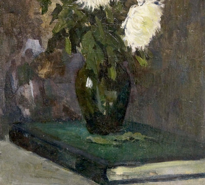 Oil painting of white flowers in dark green glass vase by Volobuev Evgeny Vsevolodovich