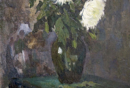 Oil painting of white flowers in dark green glossy vase by Volobuev Evgeny Vsevolodovich