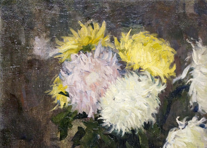 Vibrant yellow, white, pink chrysanthemums in vase oil painting by Volobuev Evgeny Vsevolodovich