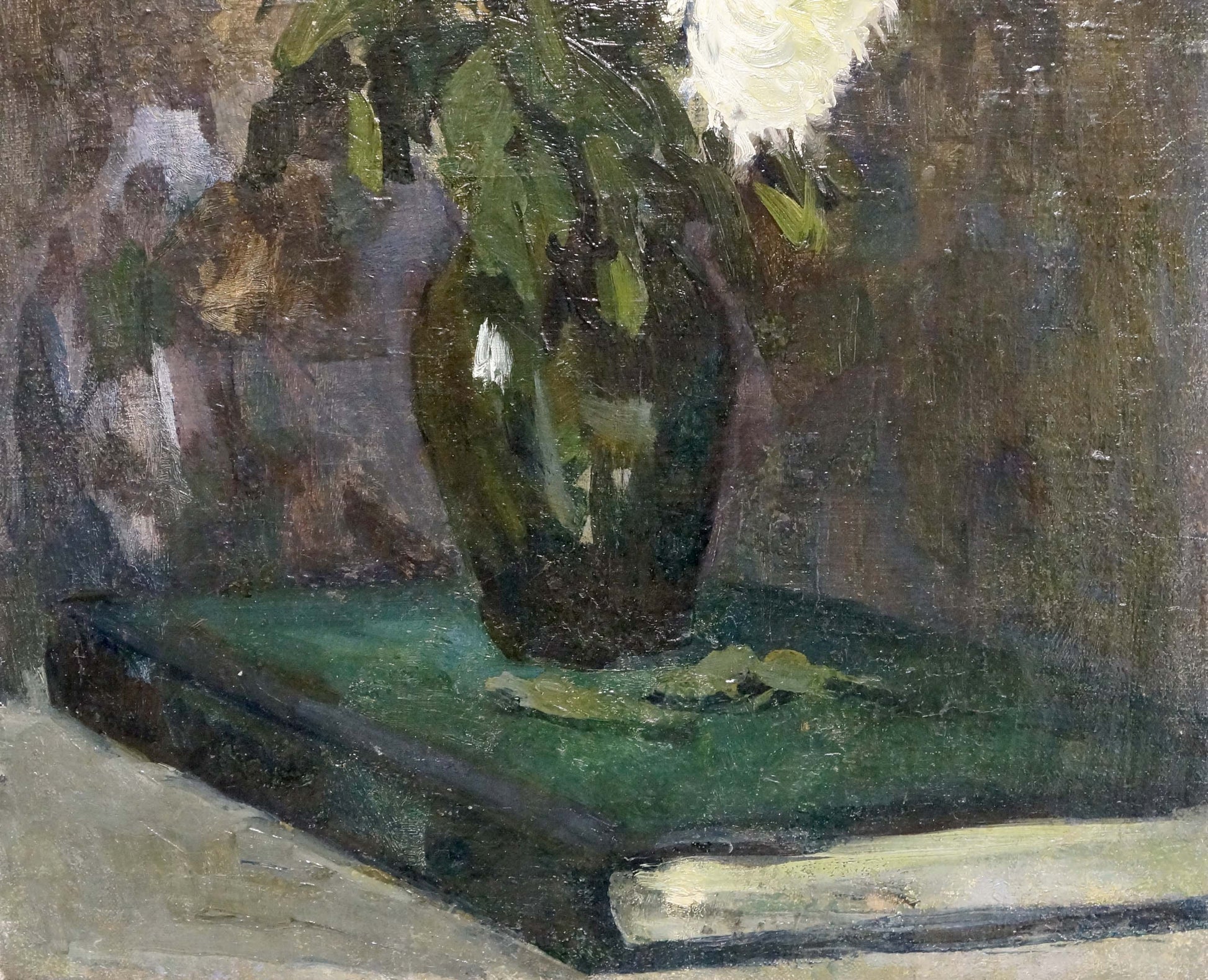 Oil painting of dark green glossy vase with white light green flowers by Volobuev Evgeny Vsevolodovich