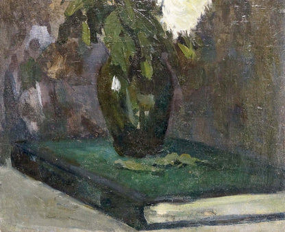 Oil painting of dark green glossy vase with white light green flowers by Volobuev Evgeny Vsevolodovich