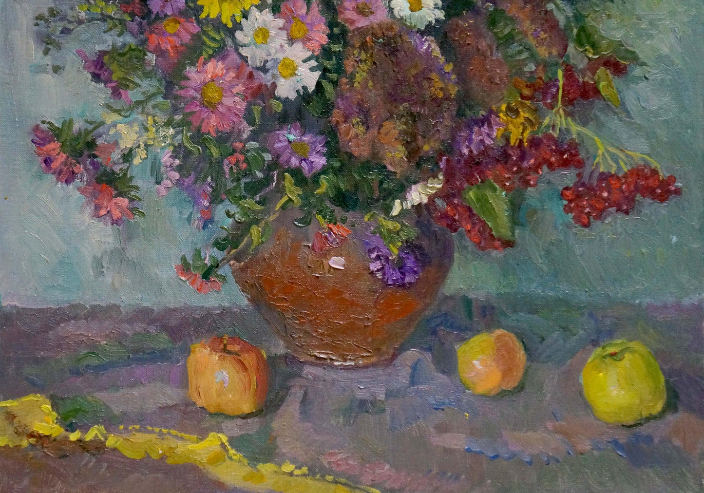 Oil painting of autumn bouquet by Mynka Alexander Fedorovich in rustic vase