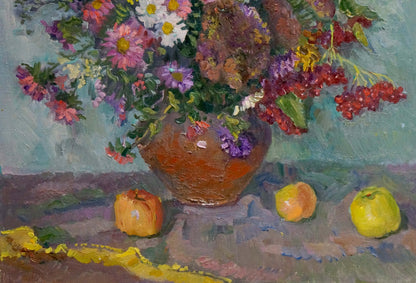 Oil painting of Autumn bouquet by Mynka Alexander Fedorovich in terracotta vase