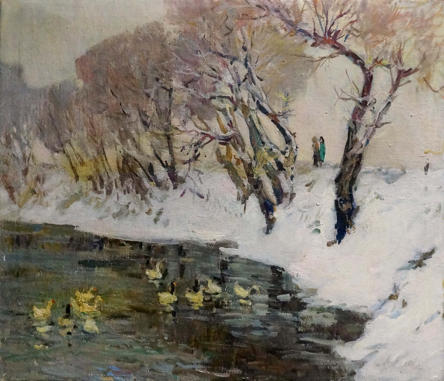 Oil painting On the Lake by Nikolai Petrovich Petrov: snowy river with yellow ducks