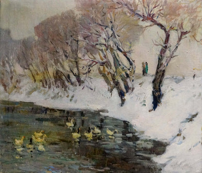 Oil painting On the Lake by Nikolai Petrovich Petrov: snowy river with yellow ducks