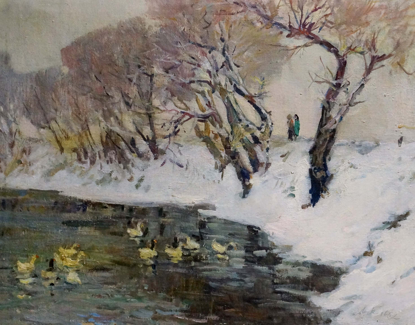Oil painting On the Lake by Nikolai Petrovich Petrov: snowy ducks in water