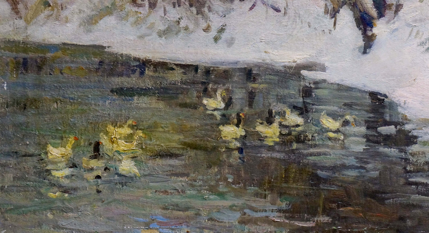 Oil painting On the Lake by Nikolai Petrovich Petrov: yellow ducks in murky water under snowy sky