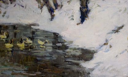 Oil painting by Nikolai Petrovich Petrov: snowy landscape with frozen stream and yellow ducks