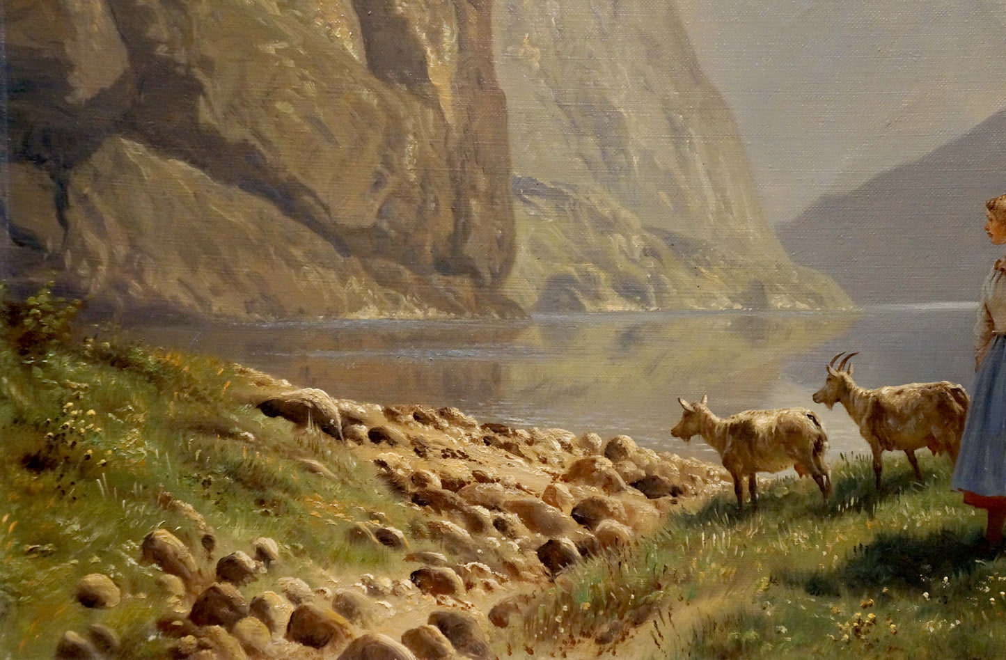 Oil painting Walk along the coast by Louis Böhm: girl and goats on shore