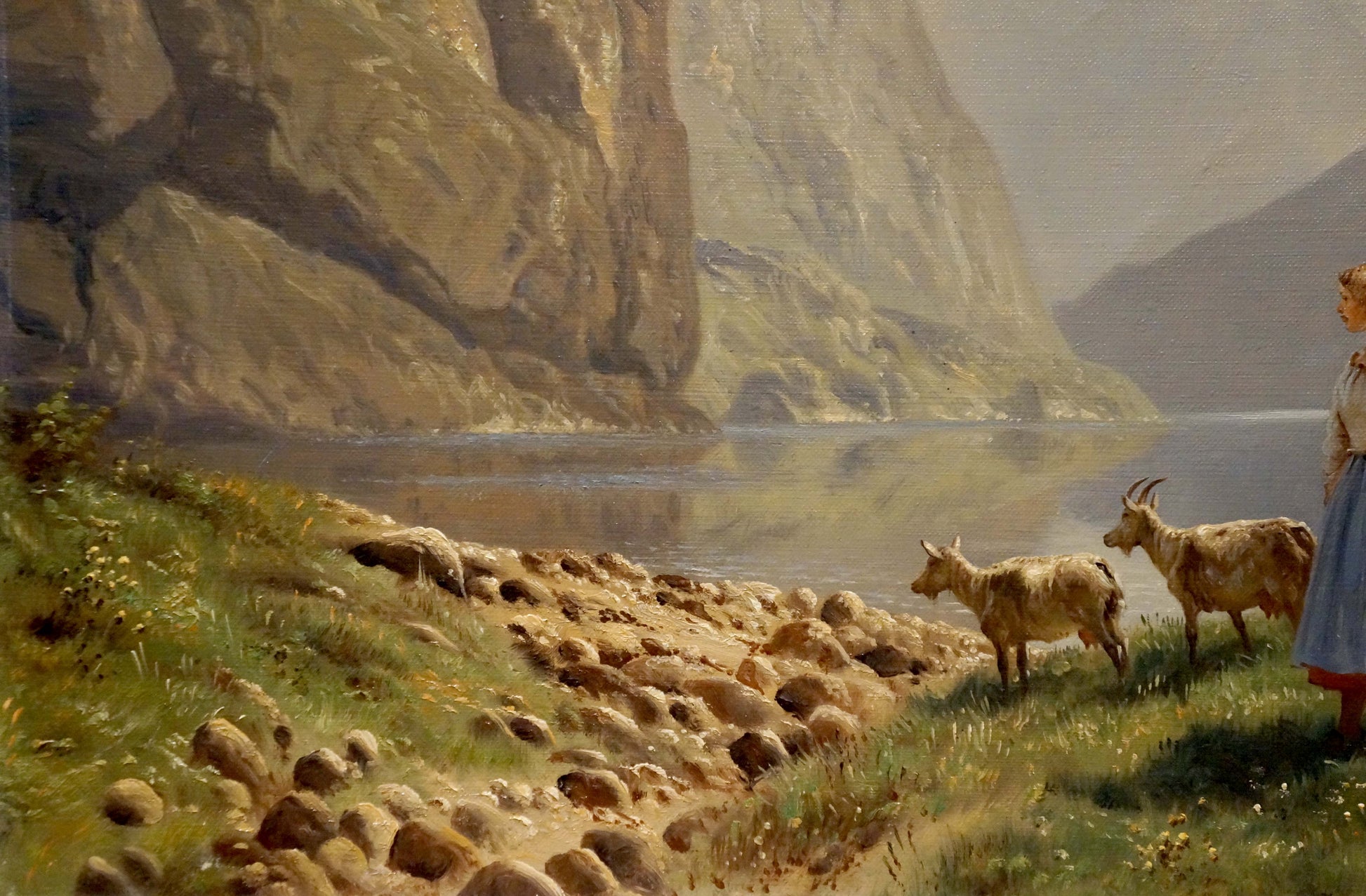Oil painting Walk along the coast by Louis Böhm: girl and goats on shore