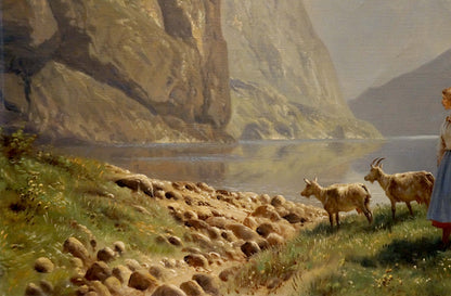 Oil painting Walk along the coast by Louis Böhm: girl and goats on shore