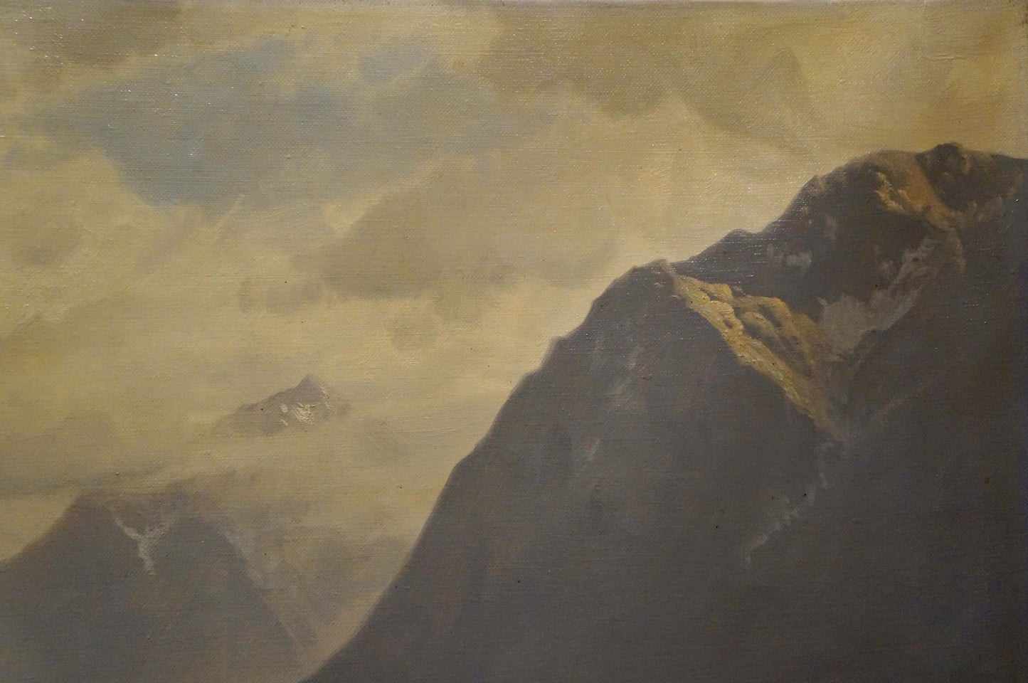 Oil painting of rugged mountain peak under moody sky by Louis Böhm