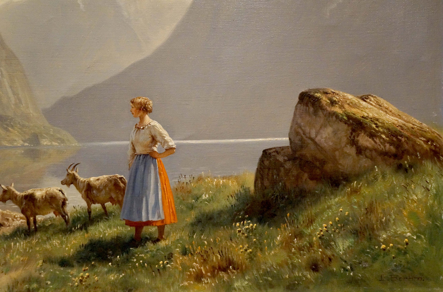 Oil painting Walk along the coast by Louis Böhm: woman with goats on grassy hill