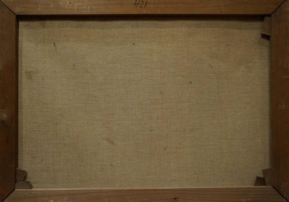 Back of Louis Böhm Oil painting Walk along the coast canvas with beige linen backing