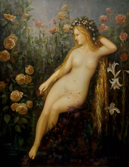 Oil painting portrait of female figure with golden hair in floral crown among roses by Gustave Moneux
