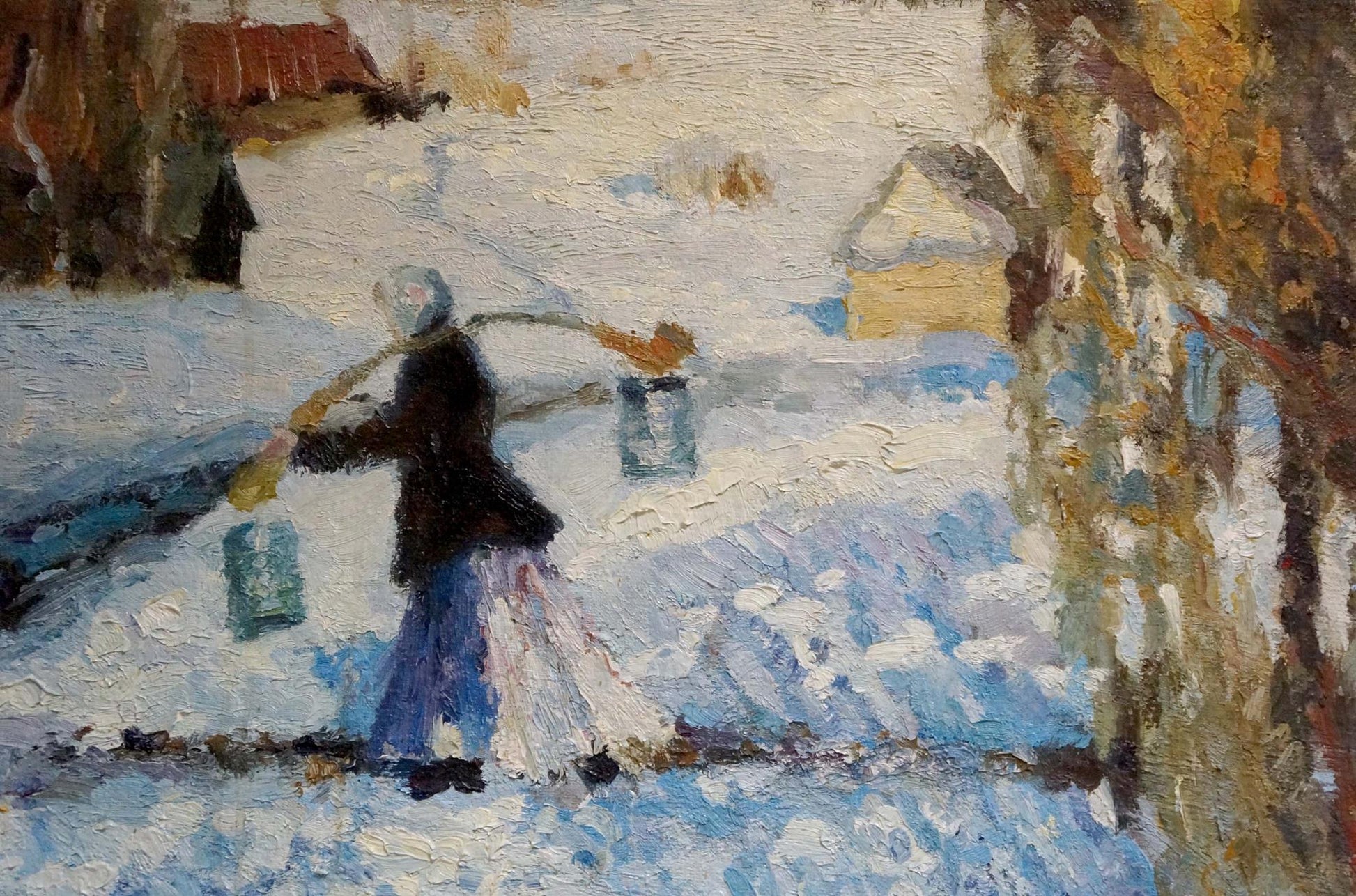 Oil artwork of a girl walking to a well in winter by an unknown artist