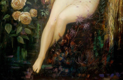 Oil painting portrait of female figure by Gustave Moneux, womans leg in foliage