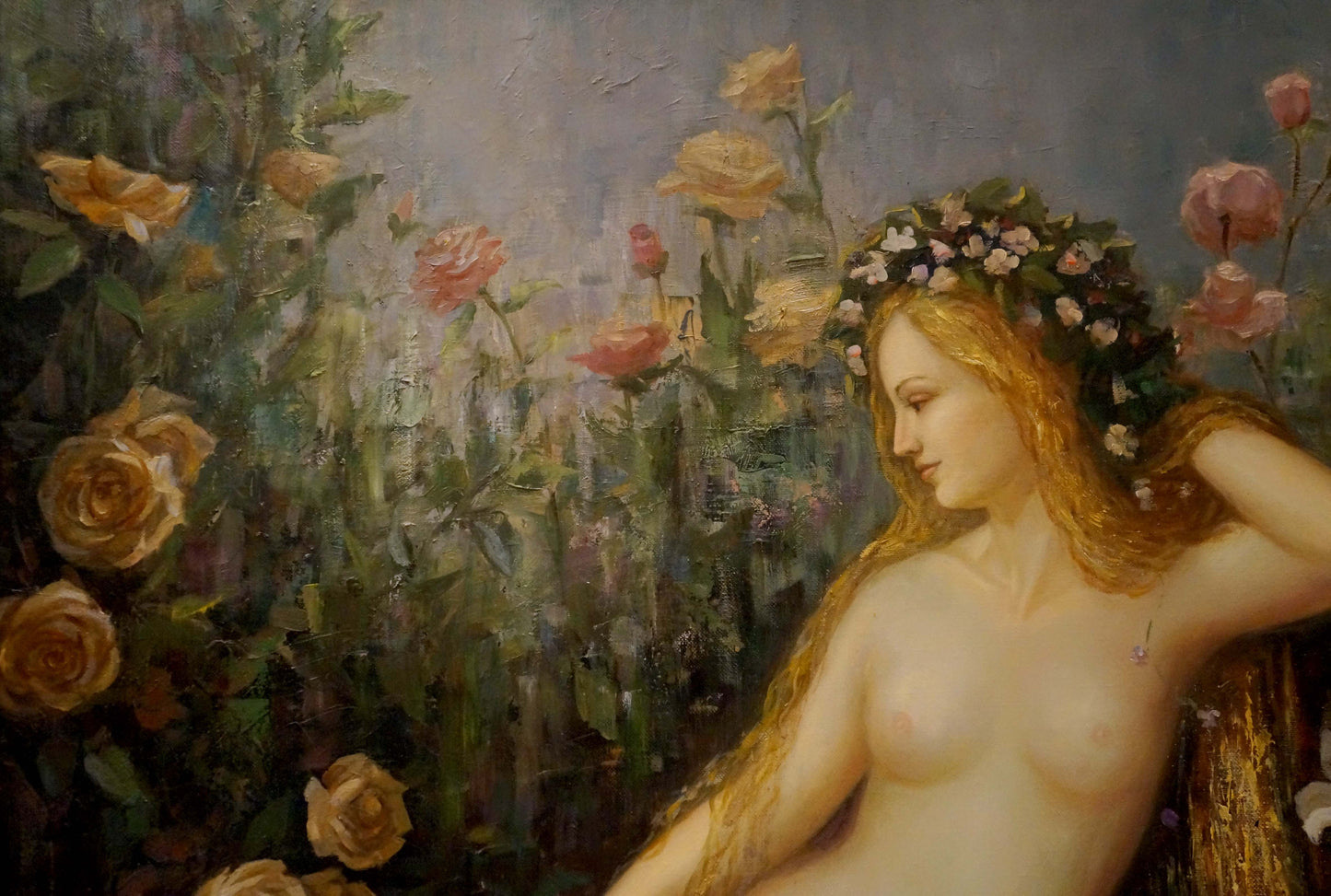 Oil painting portrait of female figure by Gustave Moneux with golden hair and roses