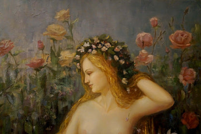 Oil painting portrait of female figure with golden hair in floral crown among roses by Gustave Moneux