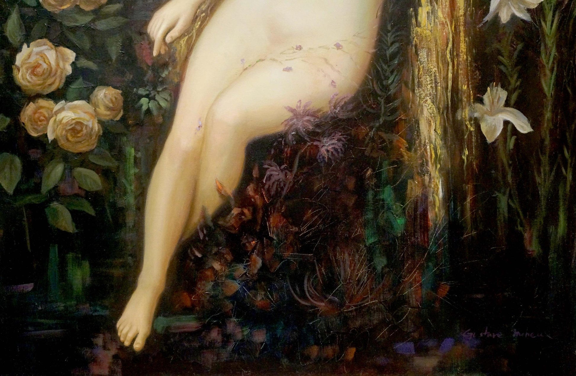 Oil painting portrait of female figure by Gustave Moneux in lush foliage