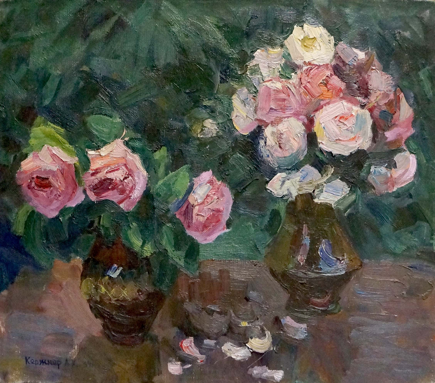 Oil painting of lush pink and white roses in dark textured vase by Kerzhner Alexander Haskelevich