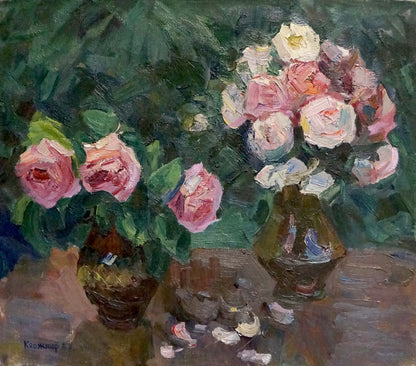 Oil painting of lush pink and white roses in dark textured vase by Kerzhner Alexander Haskelevich