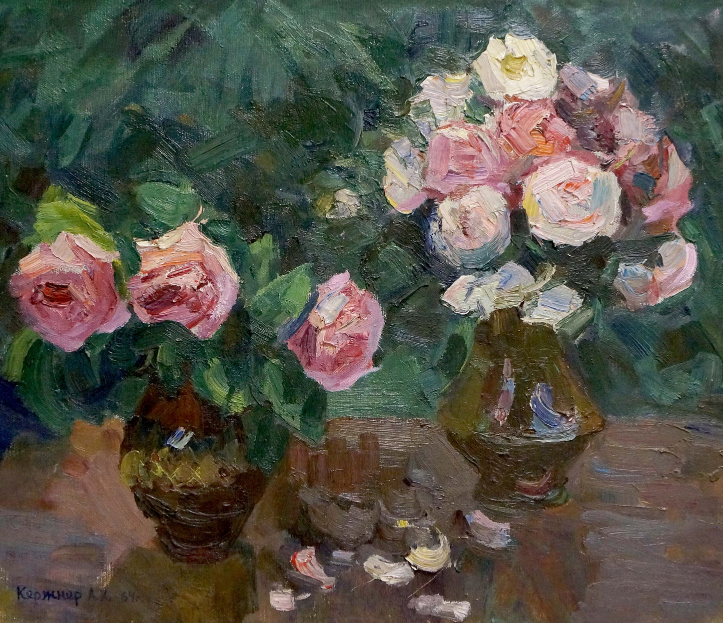 Oil painting of lush pink and white roses by Kerzhner Alexander Haskelevich in ornate dark green vases