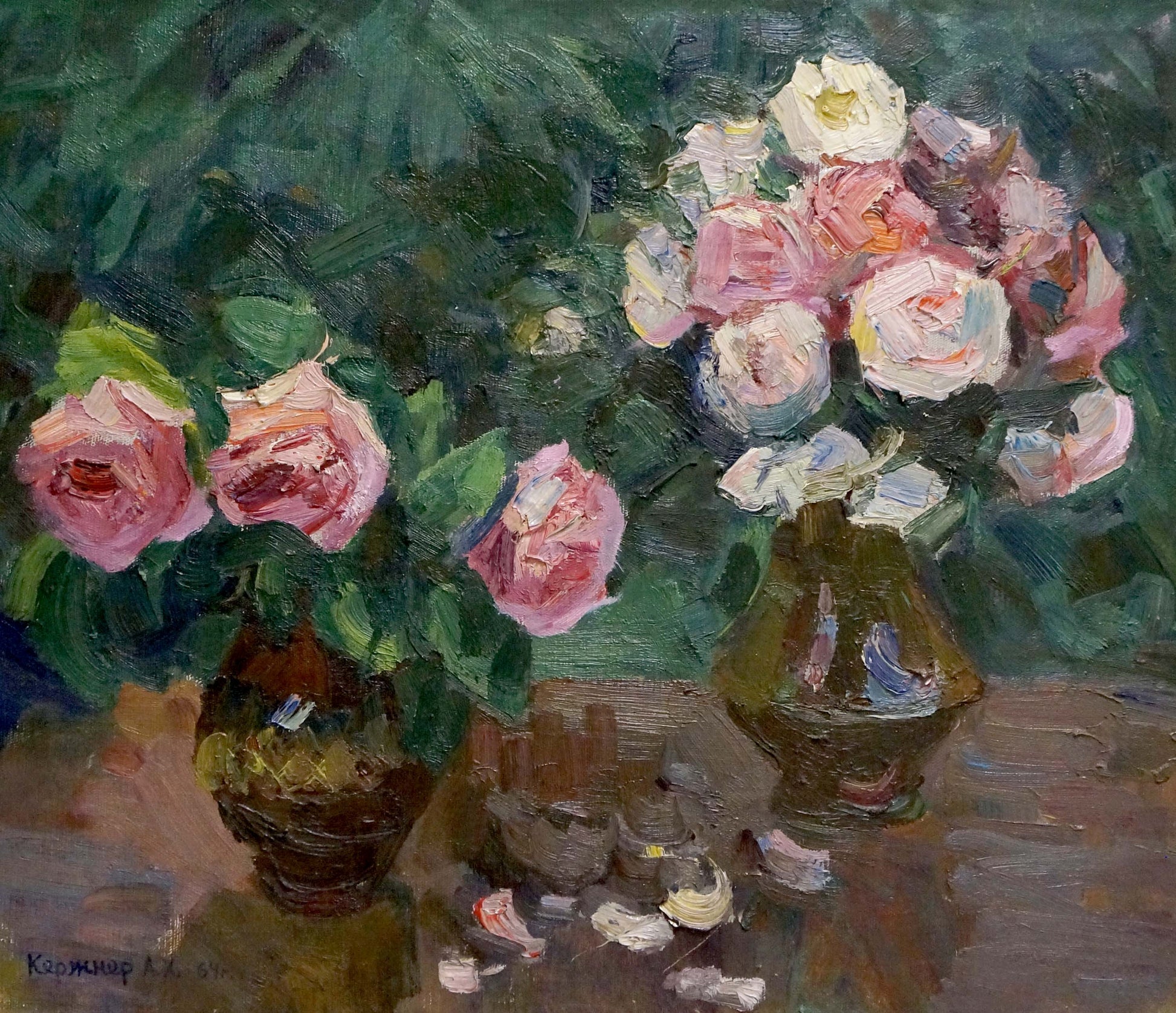Oil painting of lush pink and white roses by Kerzhner Alexander Haskelevich in ornate dark green vases