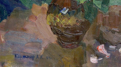Impressionistic oil painting of roses by Kerzhner Alexander Haskelevich in brown basket with green yellow foliage