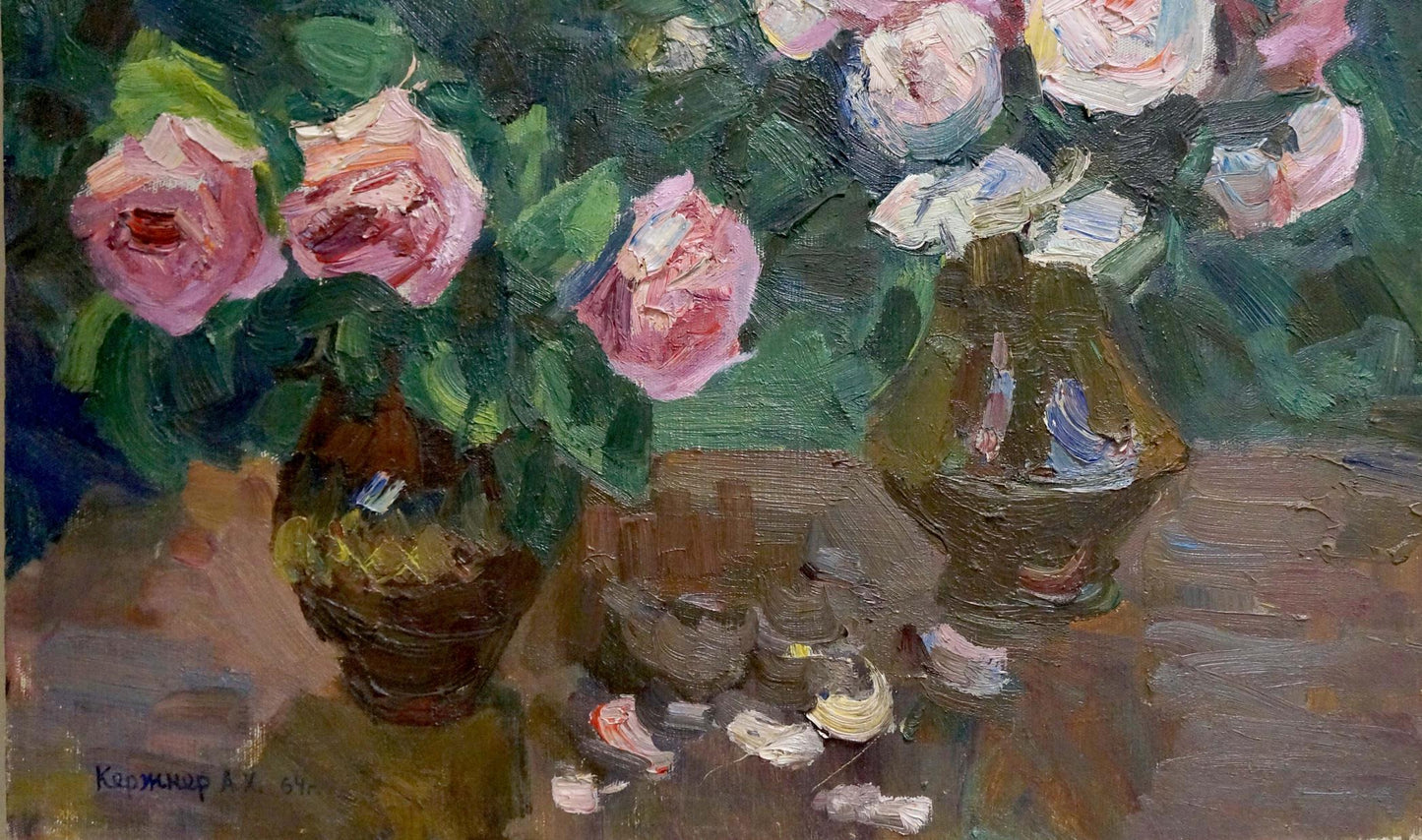 Oil painting of pink roses in brown vases by Kerzhner Alexander Haskelevich