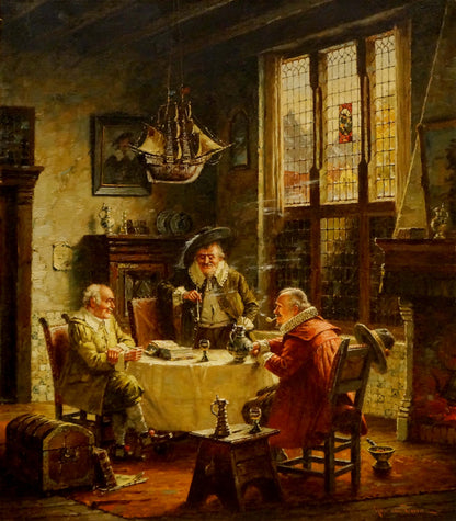 Oil painting Meeting friends Hein van Doren with ceiling model ship intricate wooden sails rigging