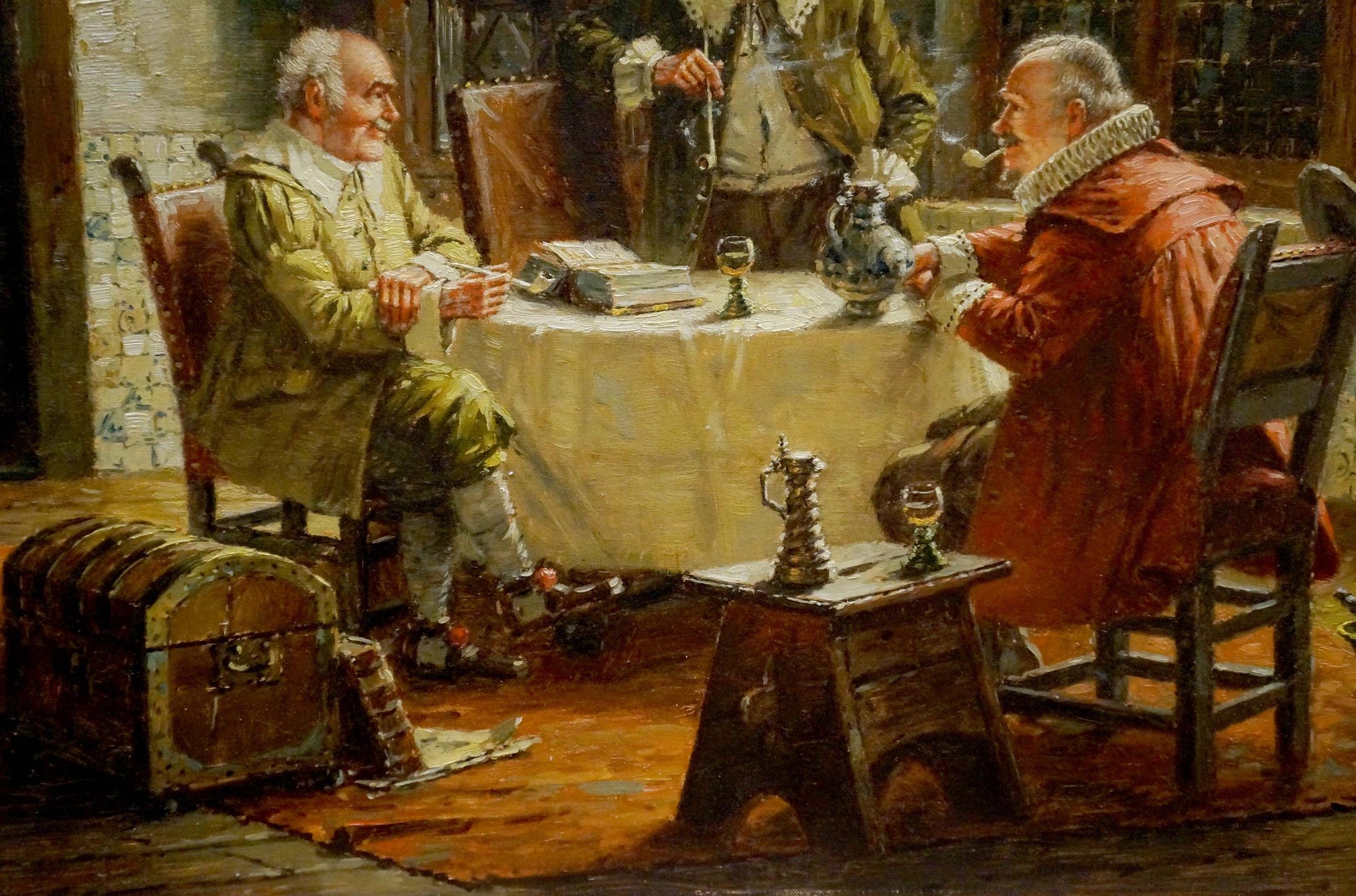 Oil painting Meeting friends Hein van Doren with ornate silver pitcher